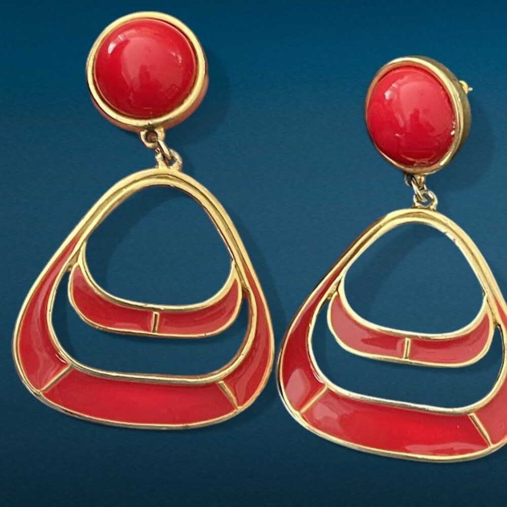 Vintage DARIA Red and Gold Enamel Earrings Large Dangle Drop Signed 1980s